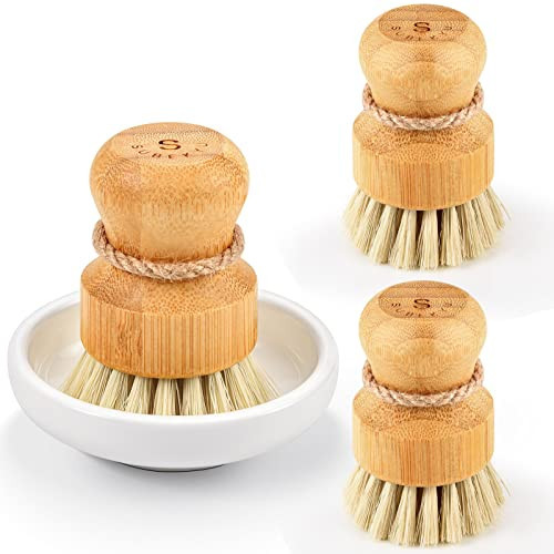 Bamboo Dish Scrub Brushes by Subekyu, Kitchen Wooden Cleaning Scrubbers Set for Washing Cast Iron Pan/Pot, Natural Sisal Bristles, Set of 3 | Amazon (US)