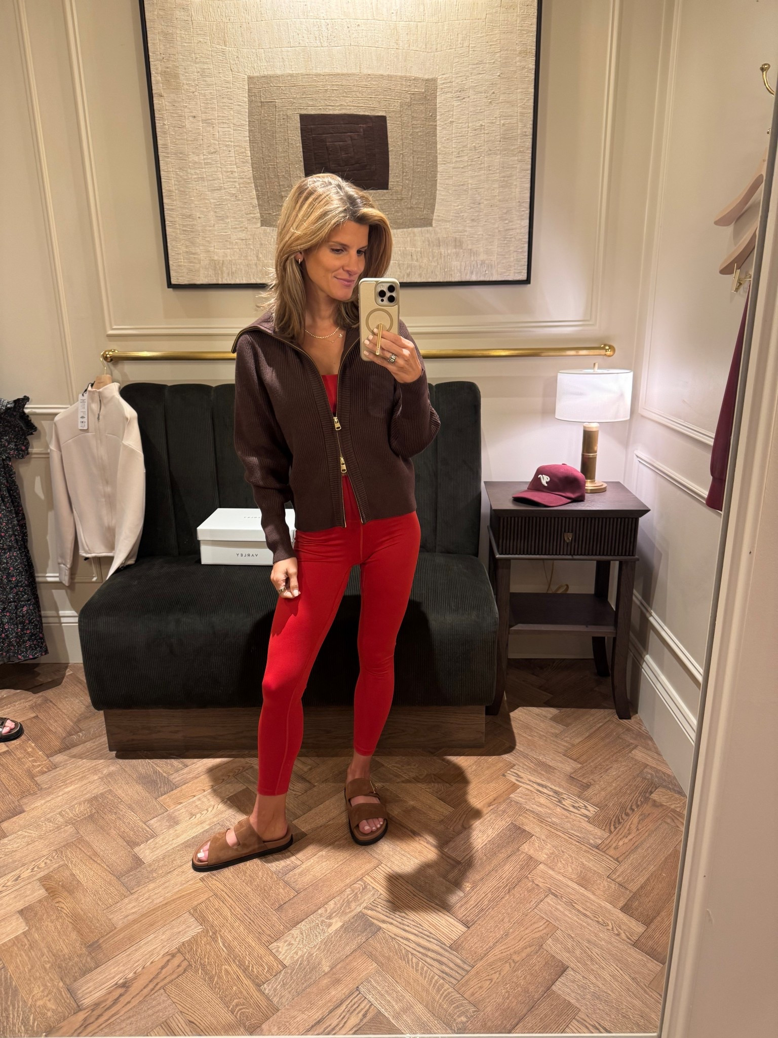Varley lava red set with chocolate brown zip through knit! Wearing xs in everything