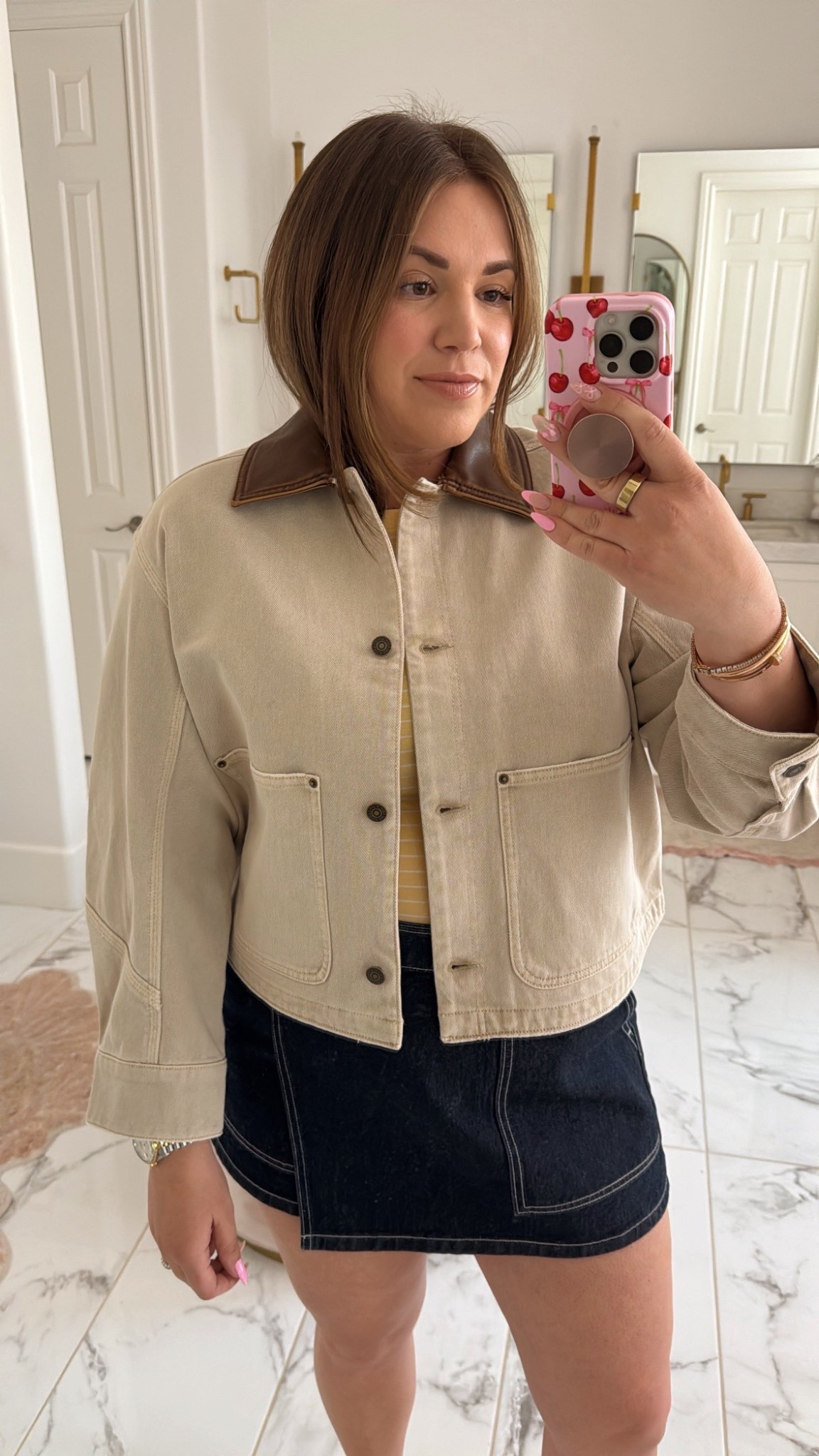curvy midsize spring outfit! wearing size large in cropped work jacket and size 32 in denim wrap skirt 

#LTKFindsUnder100 #LTKSpringSale #LTKMidsize