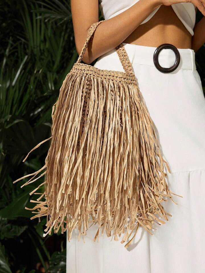 SHEIN SXY Ladies, Women Top Handle Bags , Fashionable, Simple, Elegant, Versatile, Straw,Tassel,F... | SHEIN