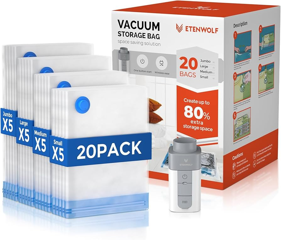 ETENWOLF 20 Pack Vacuum Storage Bags with Rechargeable Wireless Pump, Vacuum Seal Bags for Clothe... | Amazon (US)