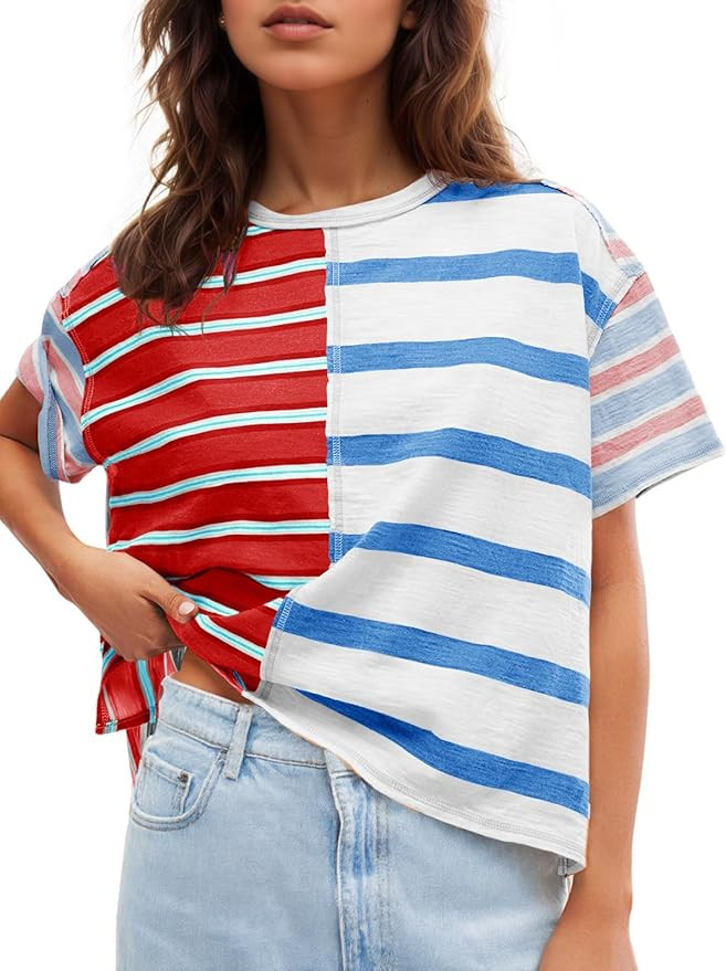 Tankaneo Womens Summer Striped Shirts Casual Color Block Short Sleeve Tops Loose Fit Crew Neck Te... | Amazon (US)