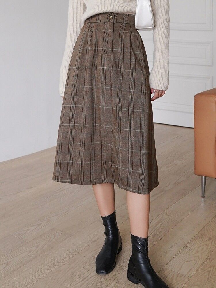 DAZY High Waist Plaid Slant Pockets A-line Skirt | SHEIN