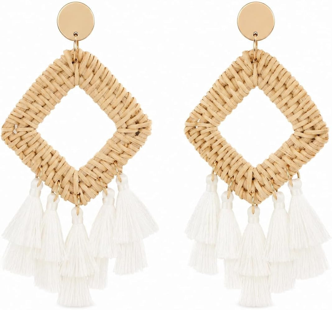 Handmade Raffia Rattan Bohemian Dangle Earrings for Women, Woven Rattan Round Drop Dangle Earring... | Amazon (US)