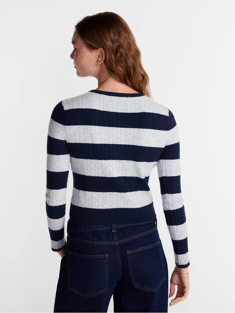 No Boundaries Cable Knit Crewneck Cardigan, Women's XXS-4X | Walmart (US)