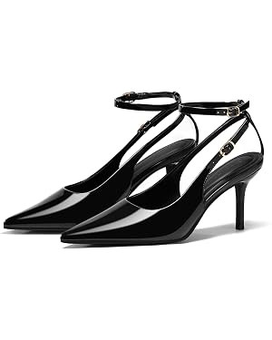 Coutgo Womens Slingback Kitten Heels Closed Pointed Toe Pumps Ankle Strap Work Dress Shoes | Amazon (US)