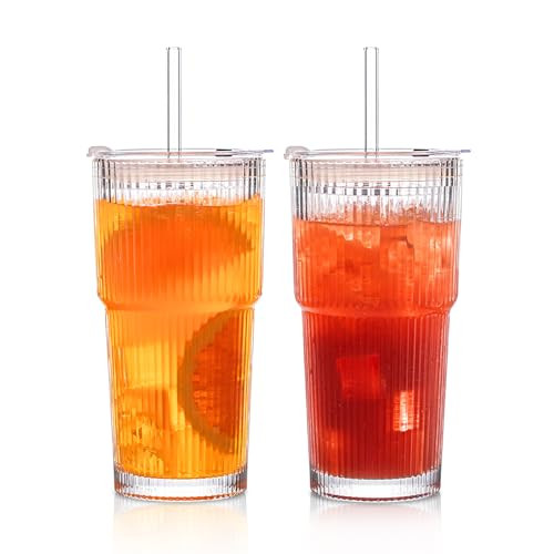 INSETLAN 20 oz Ribbed Glass Tumblers with Lids and Glass Straws – 2-Piece Glassware Set, Thickened Glass, Ideal for Iced Coffee, Smoothies, Cocktails, and Juices – Elegant and Durable Drinkware | Amazon (US)