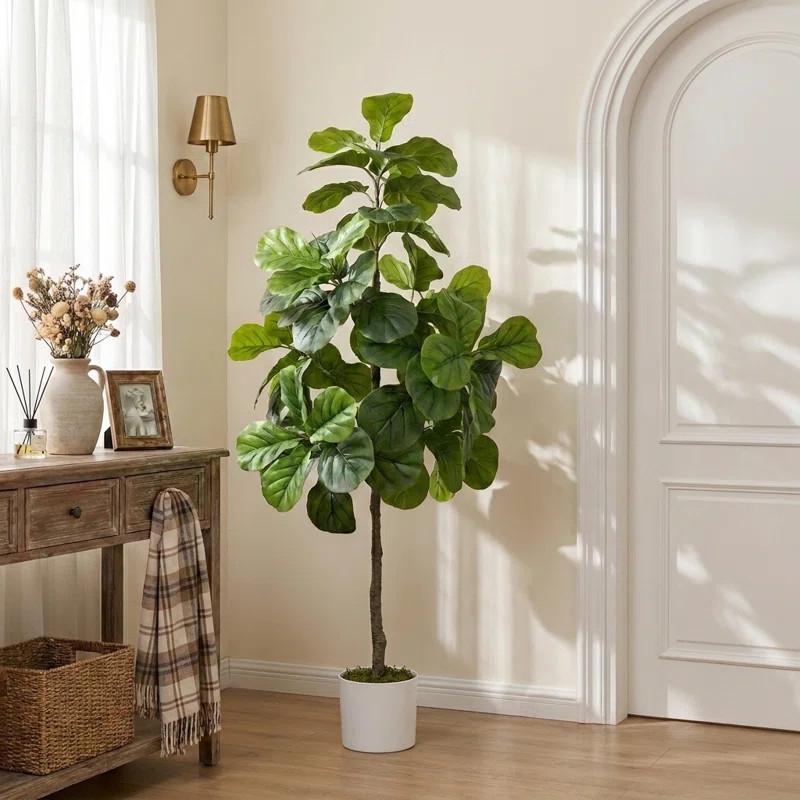 70" Lush Faux Fiddle Leaf Fig Tree with Dense Glossy Leaves, Realistic Ficus Lyrata, Potted Artif... | Wayfair North America