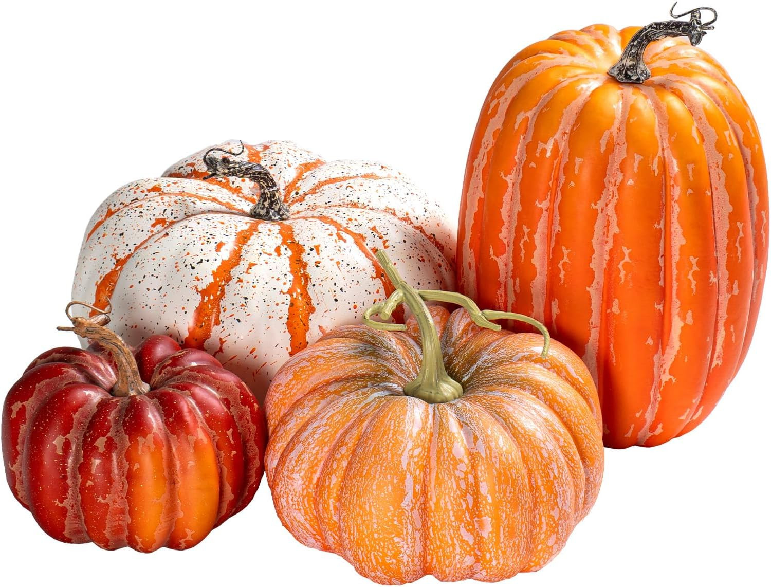 4 PCS Assorted Sizes Rustic Fall Artificial Pumpkins, Realistic Faux Pumpkins with Vintage Orange White Red Finishes, for Fall Halloween Thanksgiving Holiday Home Mantel Tabletop Decorations | Amazon (US)