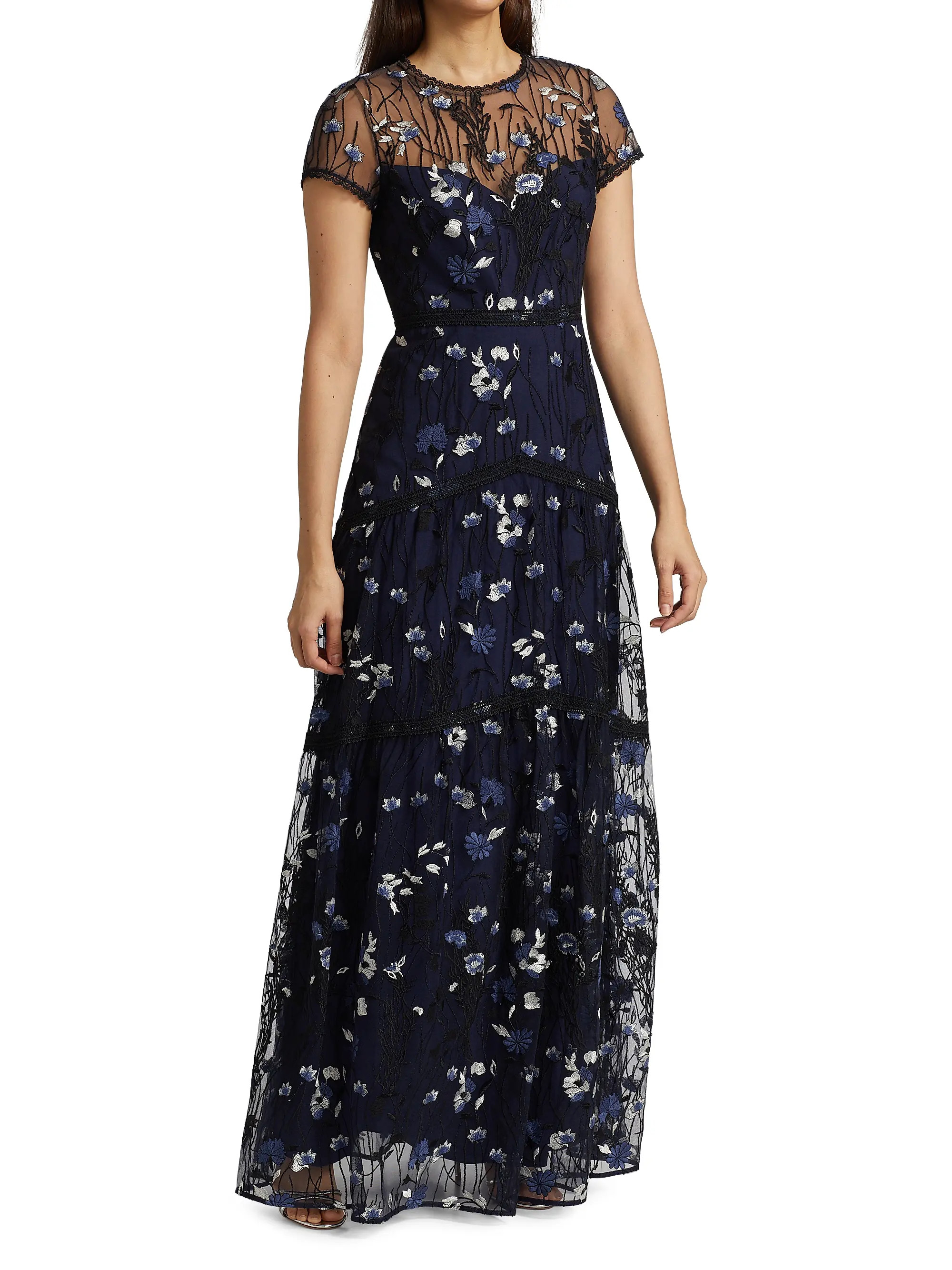 Shop ML Monique Lhuillier Floral Embroidered Mesh Gown | Saks Fifth Avenue | Saks Fifth Avenue