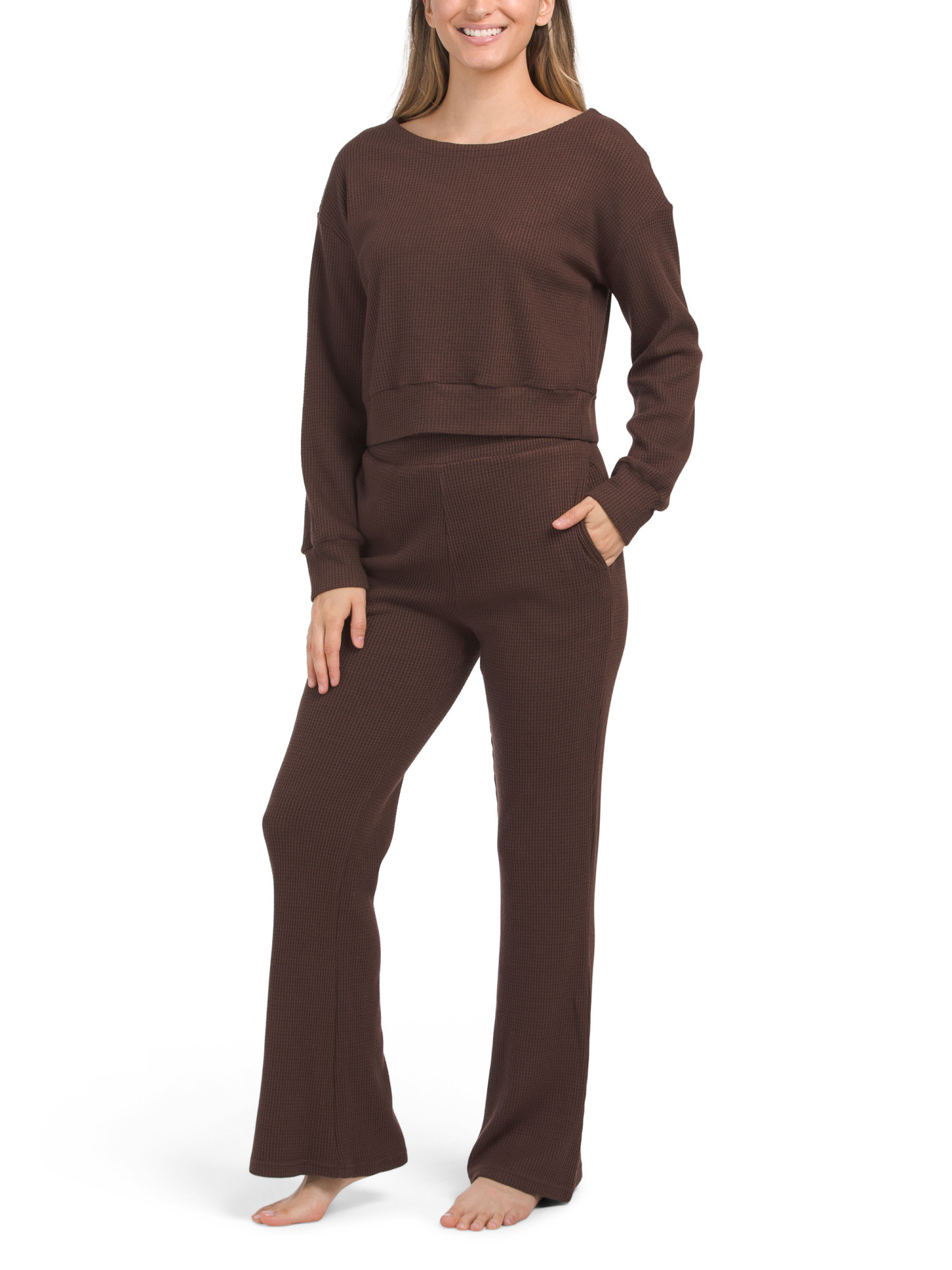 Waffle Knit Round Neck Sweatshirt And High Rise Flare Pants Set | TJ Maxx