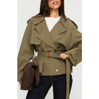 Princess Polly Eldora Double Breasted Belted Crop Trench Coat in Green at Nordstrom, Size 8 | Nordstrom