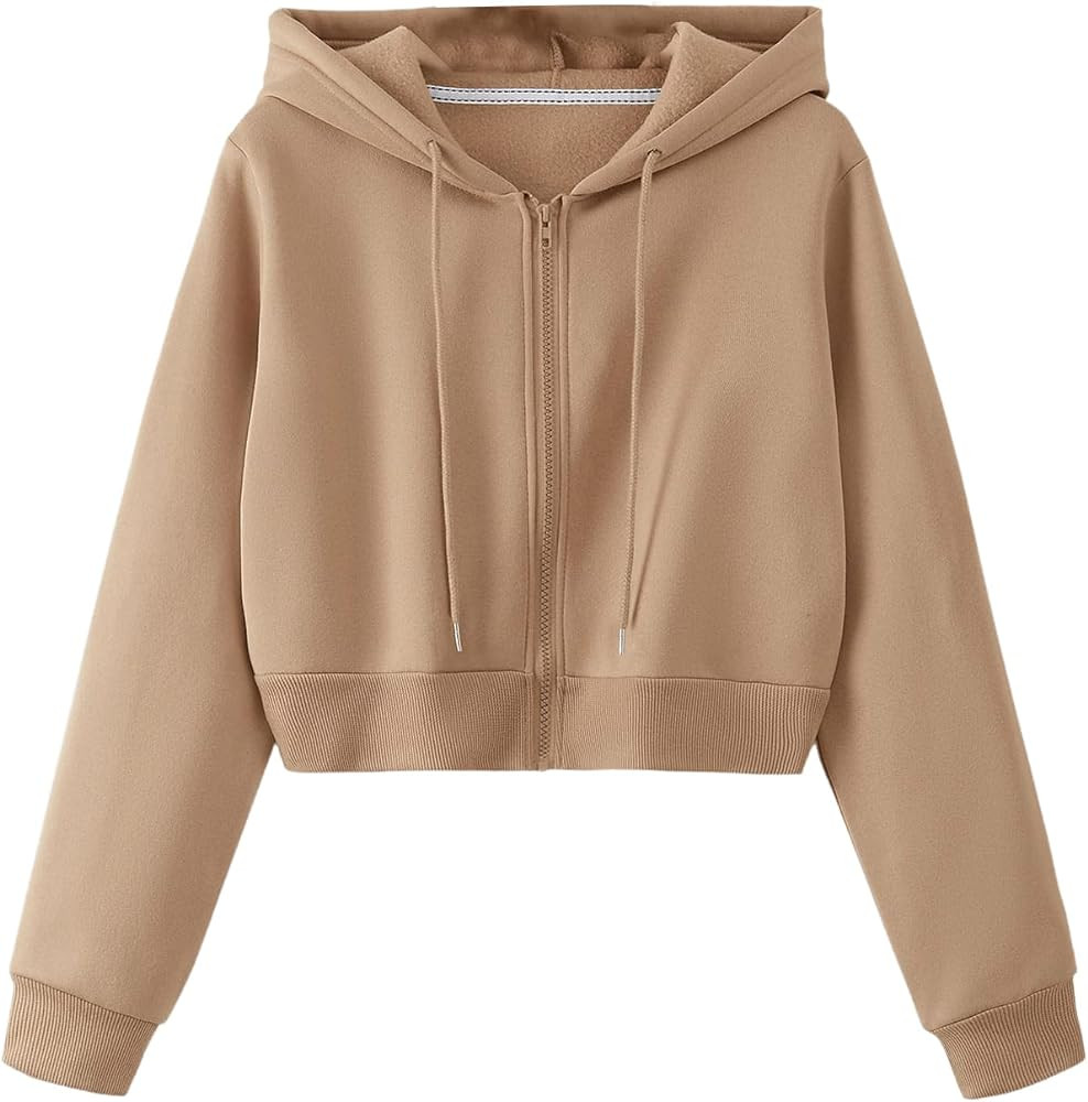SweatyRocks Women's Long Sleeve Drawstring Full Zip Hooded Jacket Crop Sweatshirt | Amazon (US)