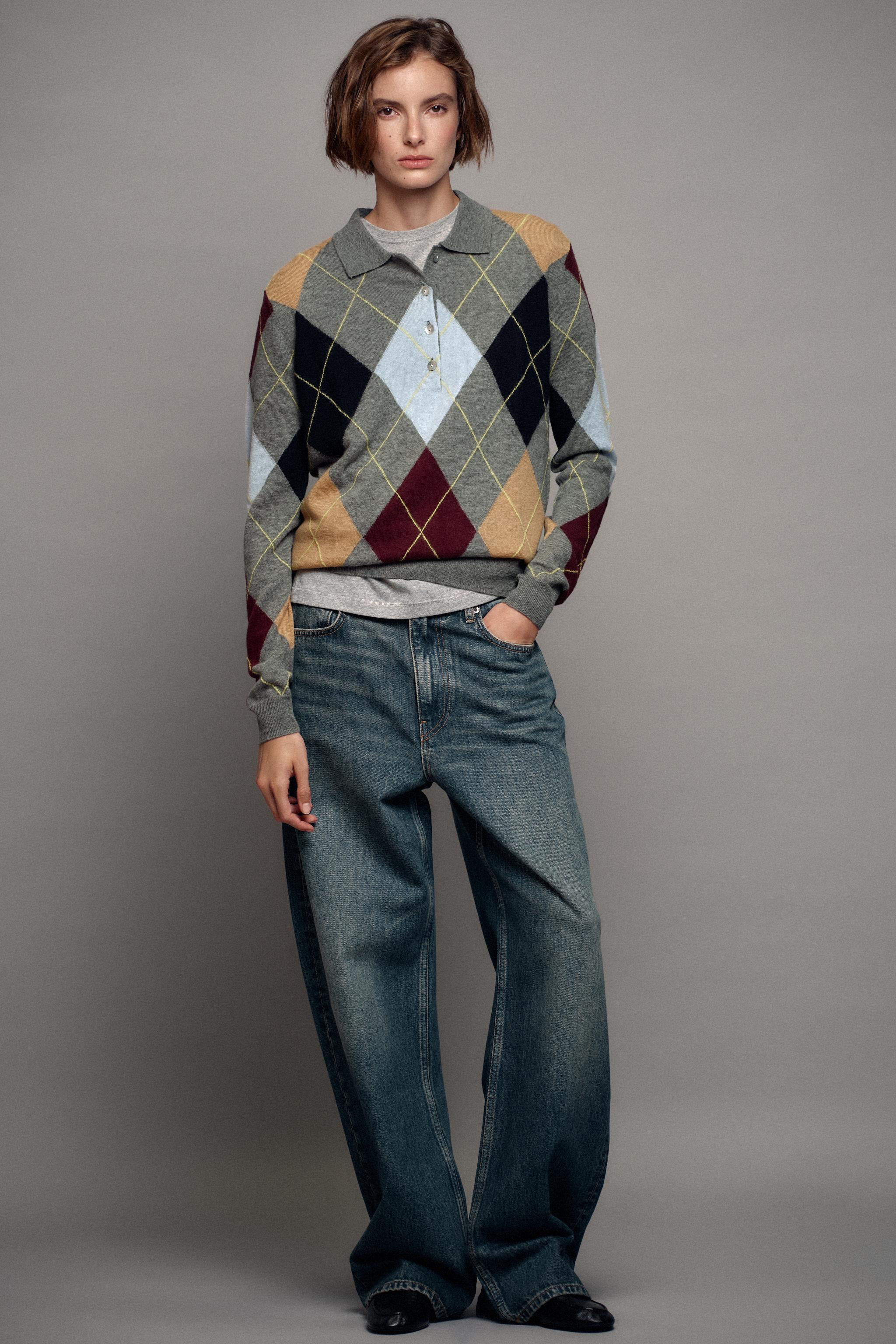 100% WOOL ARGYLE POLO SWEATER | Zara US