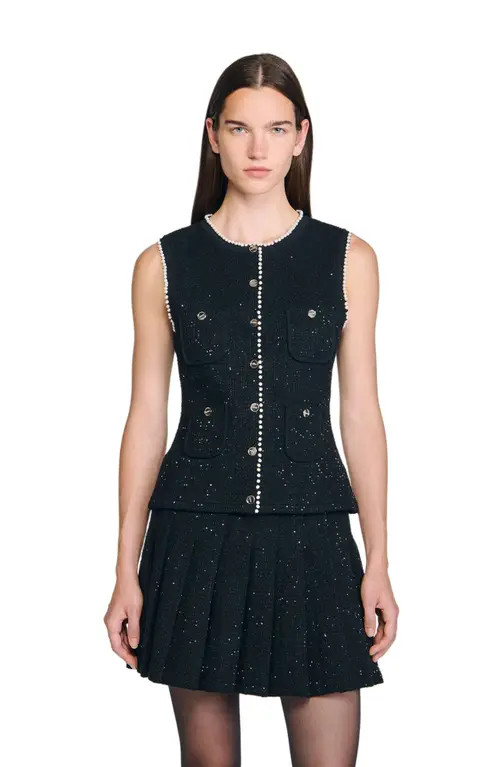 SANDRO Decorative tweed waistcoat in Black at Nordstrom, Size Small | Nordstrom