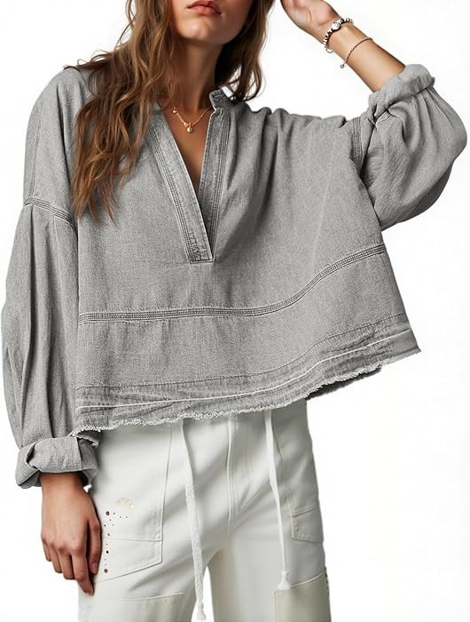 PLNOTME Womens Denim Tops Pullover Trendy Casual V Neck Loose Fit Puff Sleeve Jean Cotton Shirts | Amazon (US)