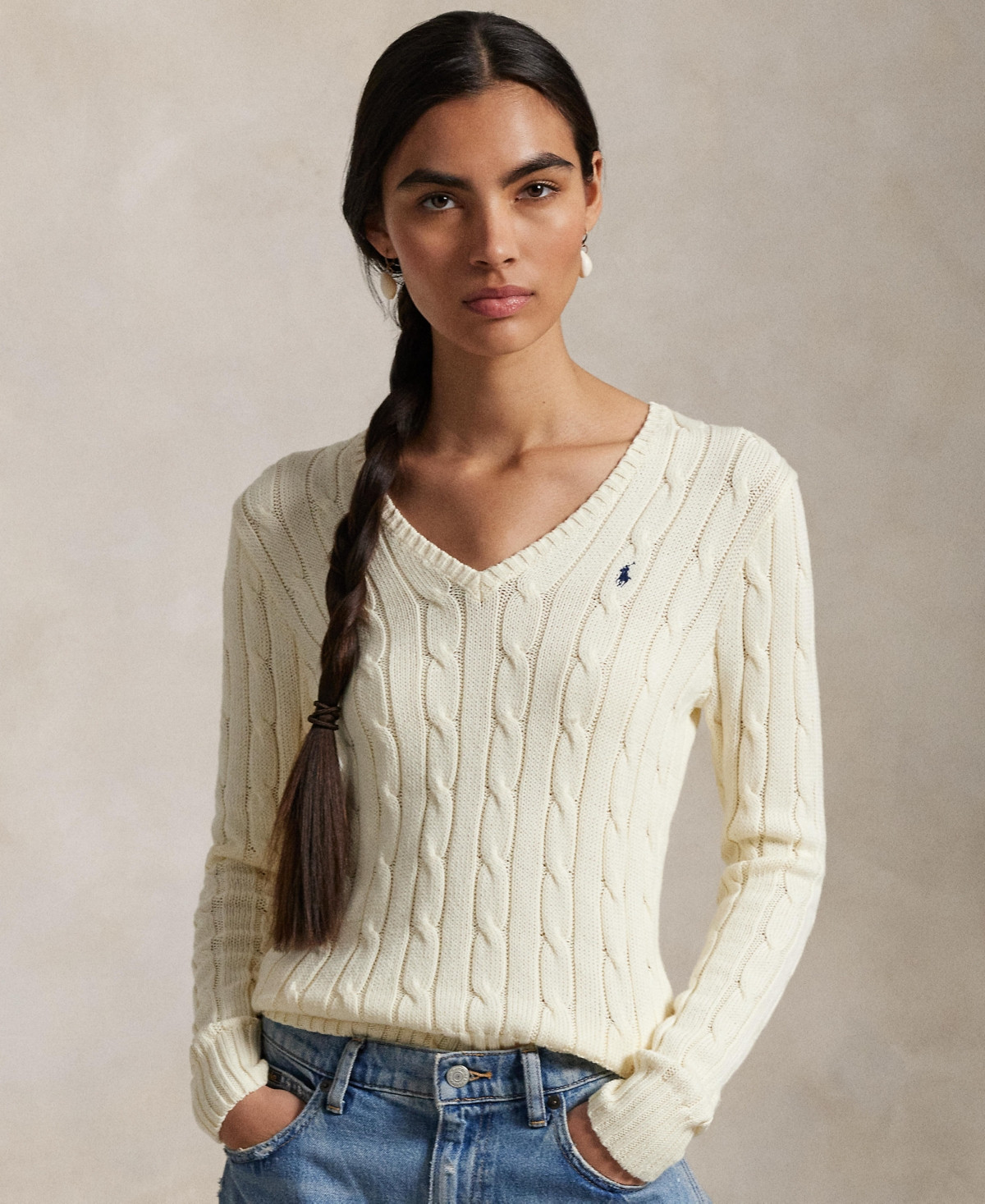 Polo Ralph Lauren Women's Cable-Knit Cotton V-Neck Sweater - Cream | Macy's