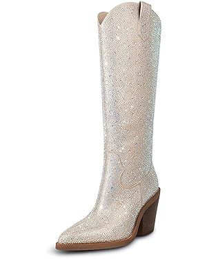 ISNOM Cowgirl Boots for Women Embroidered Western Boots with Pointed Toe Side Zipper Chunky Block... | Amazon (US)
