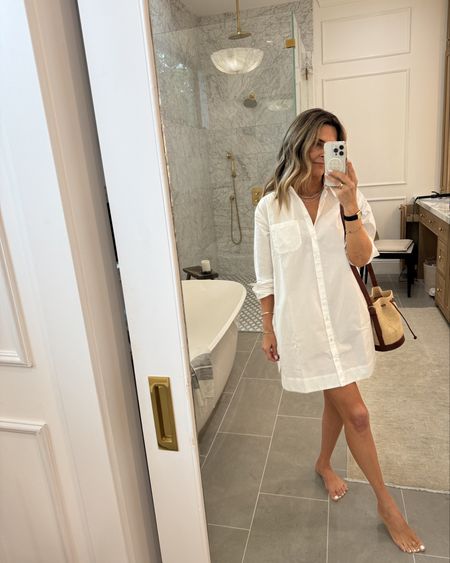Sezane oversized shirt dress. Incredible fit with luxe cotton. I want to live on the shirt! TTS or size down, I’m wearing a 34.

#LTKover40 #LTKtravel #LTKstyletip