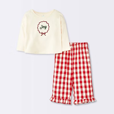 Baby Girls' Christmas Holiday 2pc Joy Long Sleeve T-Shirt and Gingham Flannel Pants Set - Cloud I... | Target