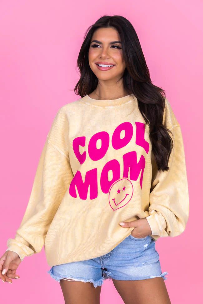 Smiley Cool Mom Gold Corded Graphic Sweatshirt | Pink Lily