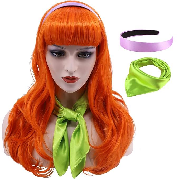 Cfalaicos Long Wavy Orange Costume Wig for Women with Headband + Scarf | Amazon (US)