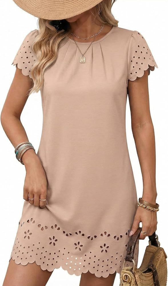 Dokotoo Womens Summer Dresses 2026 Short Sleeve Hollow Out Crewneck Pleated Front Casual Elegant ... | Amazon (US)