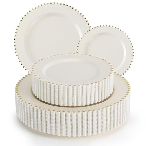 EI 60pcs Beige Plastic Plates with Gold Rim,Ivory Disposable Plates,Heavy Duty Fancy Plastic Plate for Party,Wedding,Birthday | Amazon (US)