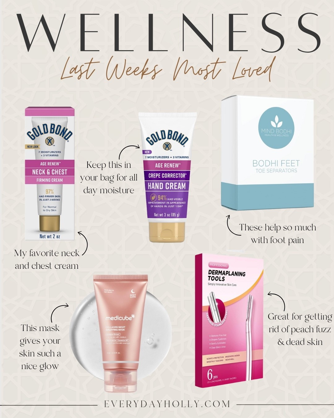 Last week’s most loved wellness and beauty finds from Amazon!
Gold bond neck and chest cream, gold bond hand cream, mature skin friendly, toe separators, foot pain, medicube face mask, face razors, dermaplane, EverydayHolly 

#LTKOver40 #LTKBeauty #LTKFindsUnder50