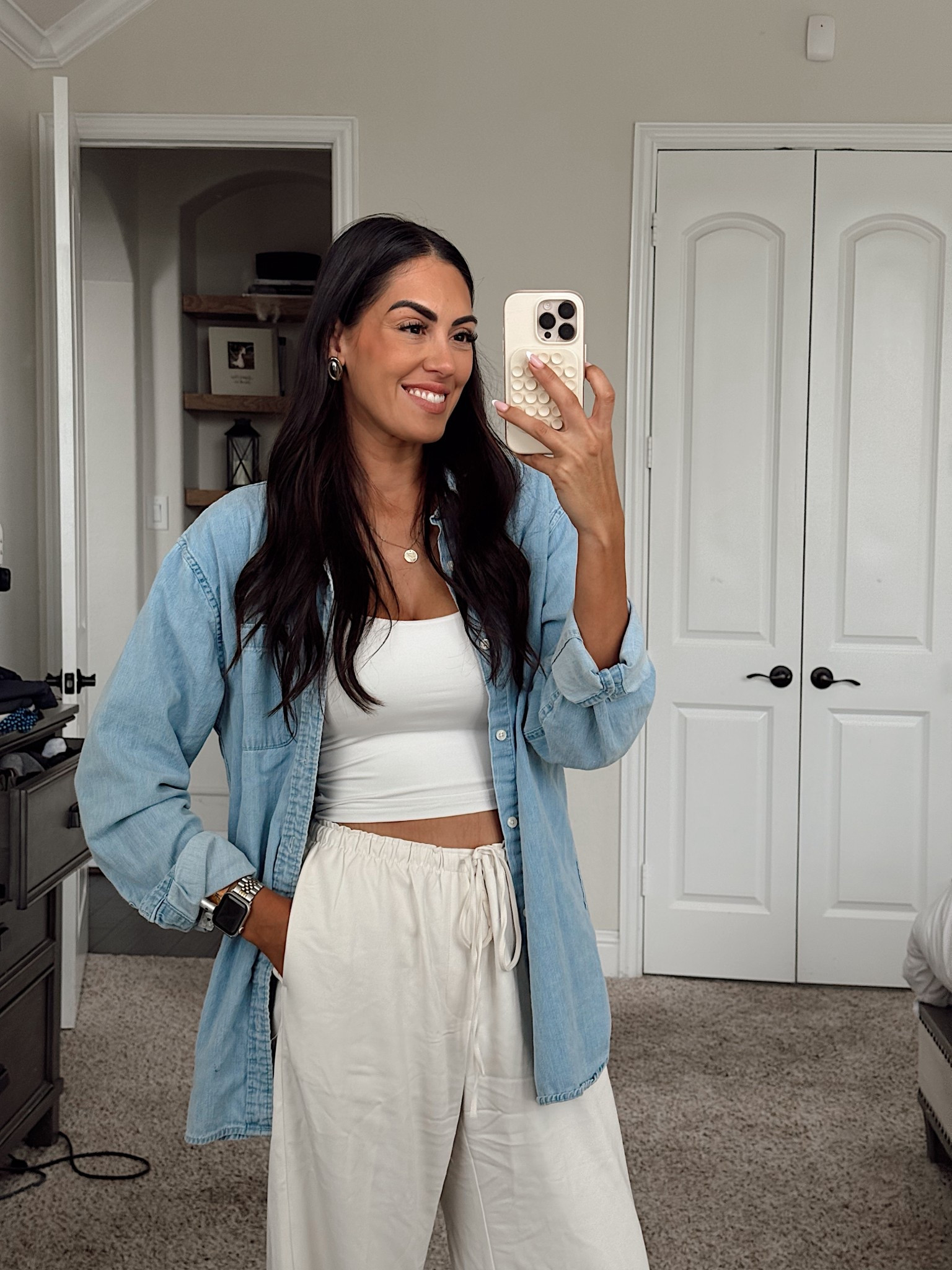 Medium men’s denim shirt
Small tank
Small long bottoms 

#LTKdayinmylife #LTKootd