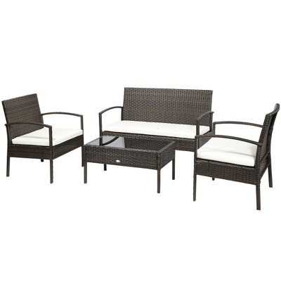 Outsunny Patio Furniture Set, 4 Piece Indoor Outdoor PE Wicker Conversation Set with Chairs, Loveseat Sofa, Cushions, Glass Table, Brown | Target