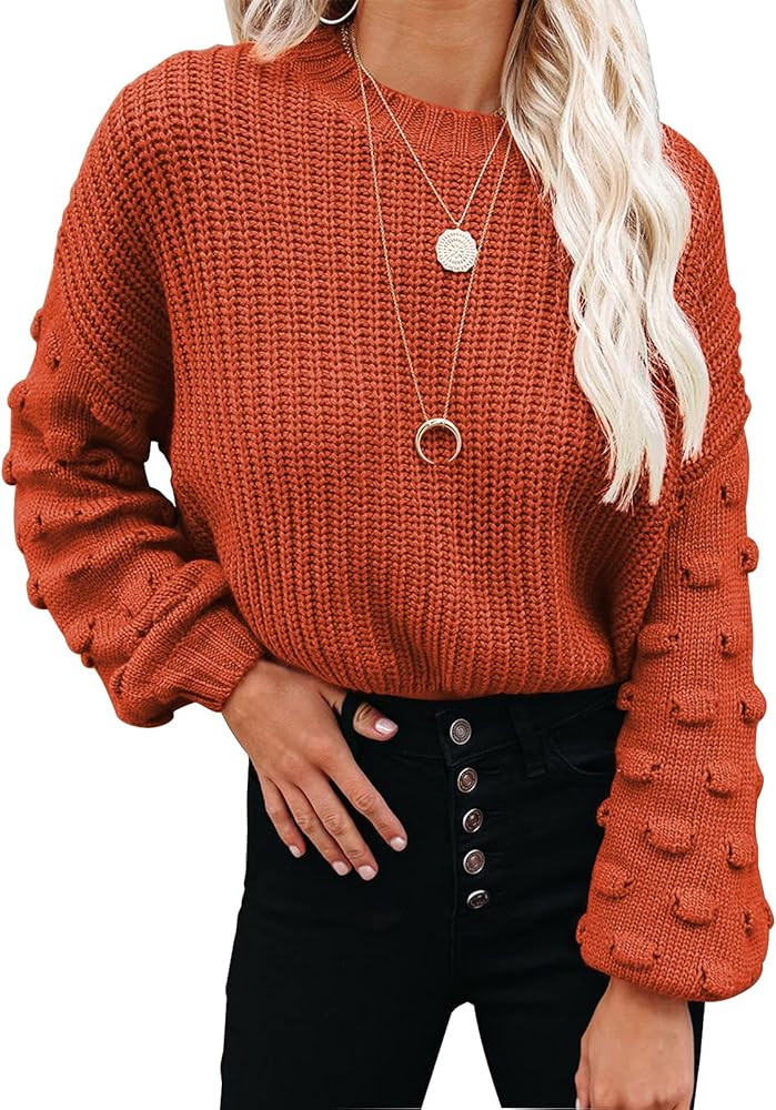 CFLONGE Womens Crew Neck Pom Pom Sleeve Chunky Knit Pullover Sweater Oversized Batwing Sleeve Loo... | Amazon (US)