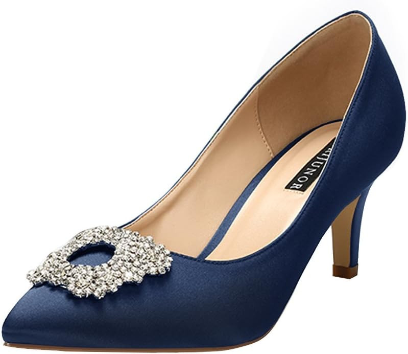 ERIJUNOR Women's Pumps Low Heel Rhinestone Brooch Satin Evening Dress Wedding Shoes | Amazon (US)