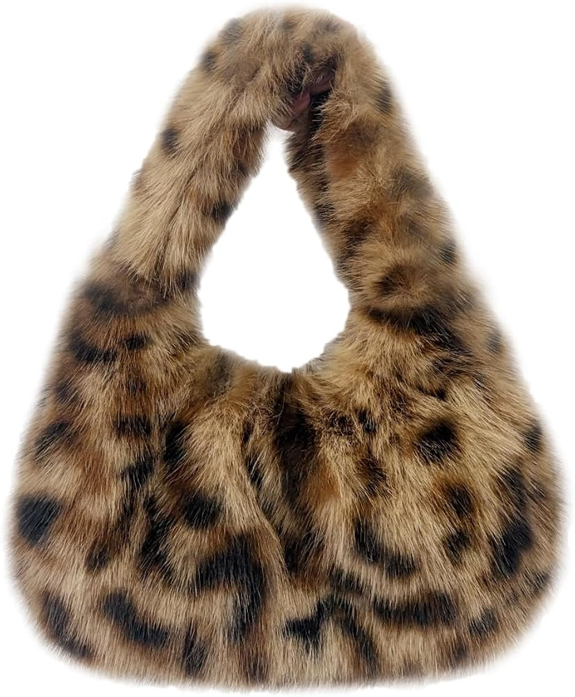 Fluffy Faux Fur Underarm Bag Fuzzy Shoulder Bag for Women Clutch Mini Plush Purse Cow Print Trend... | Amazon (US)