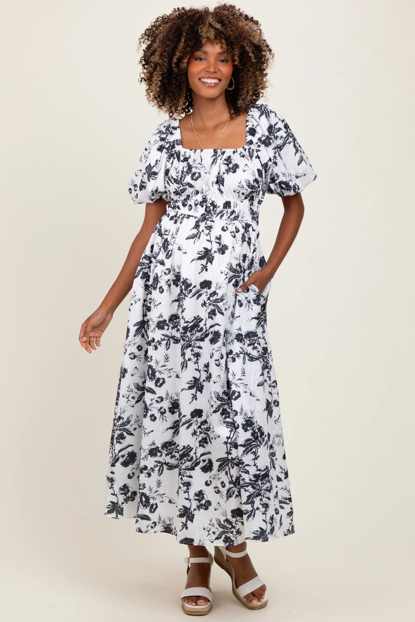 Blue Floral Puff Sleeve Maternity Midi Dress | PinkBlush Maternity