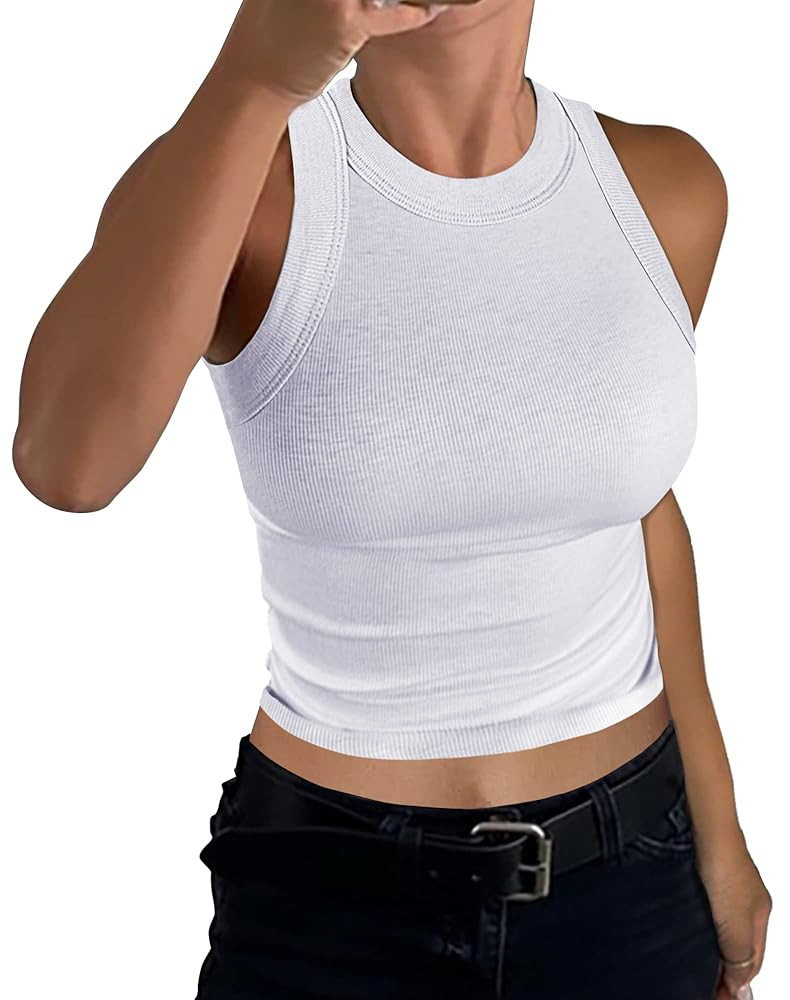 GEMBERA Womens Sleeveless High Neck Racerback Ribbed Knit Fitted Basic Cotton Cropped Tank Top | Amazon (US)