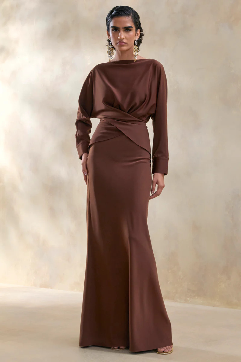 Elaria  Brown Satin Maxi-Skirt | Club L London