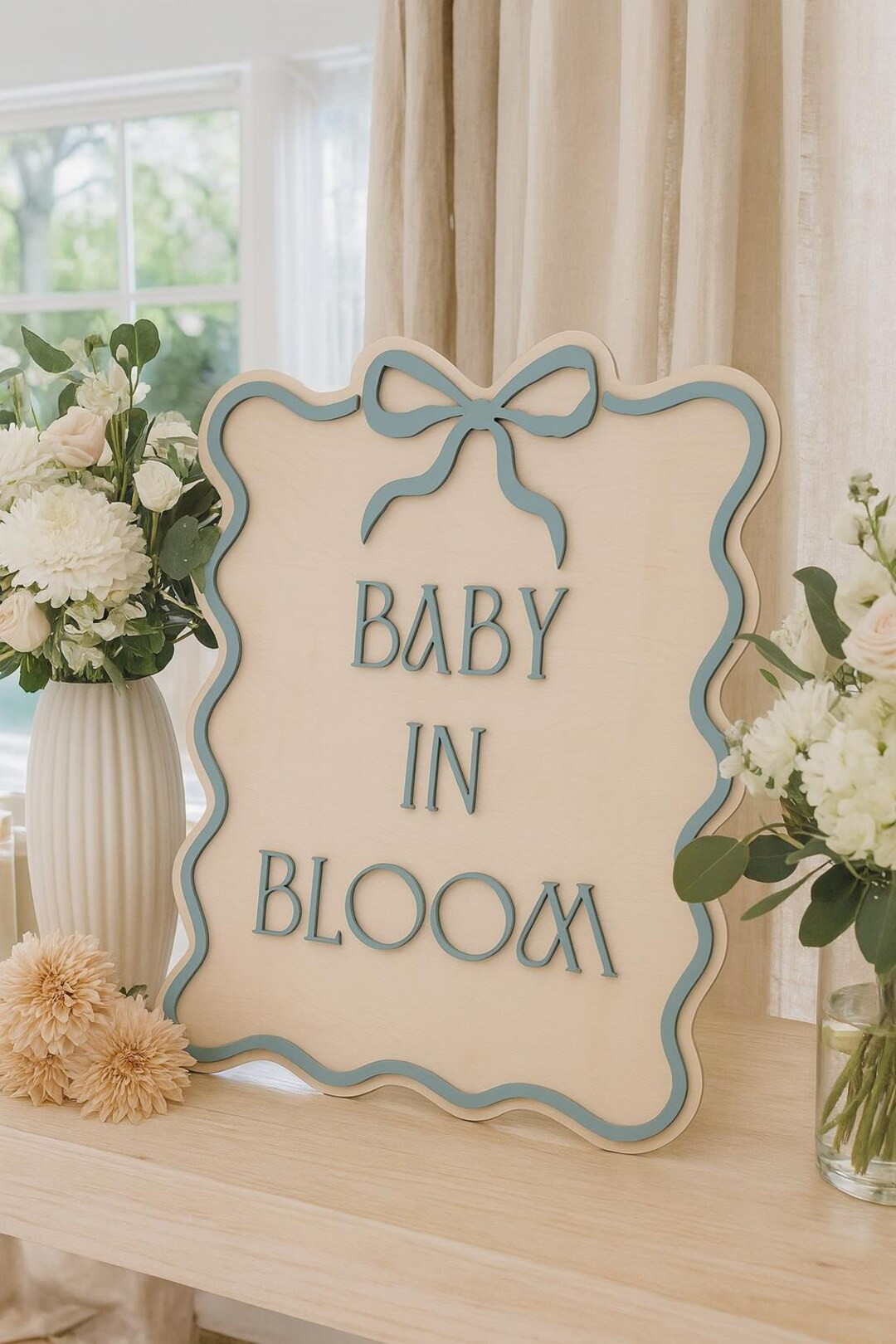 Baby in Bloom Baby Shower Sign – 3D Wooden Sign with Bow & Wavy Border – Pink, Blue, or White... | Etsy (US)