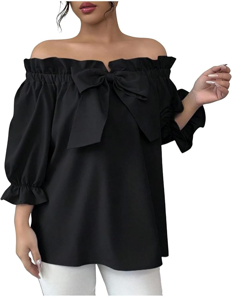 Dademeo Womens Off The Shoulder Tops Puff Short Sleeve Cute Ruffle Trim Bowknot Tie Front Loose F... | Amazon (US)