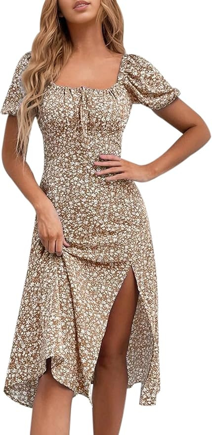 SPRIME Women's Floral Summer Casual Dress Square Neck Puff Sleeve Boho Midi Dresses Ruched Bust H... | Amazon (US)