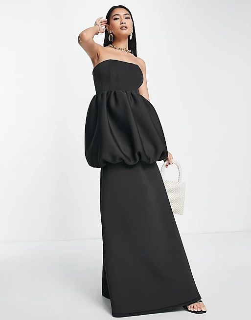 ASOS DESIGN - Robe longue avec ourlet boule et encolure Bardot - Noir | ASOS (Global)