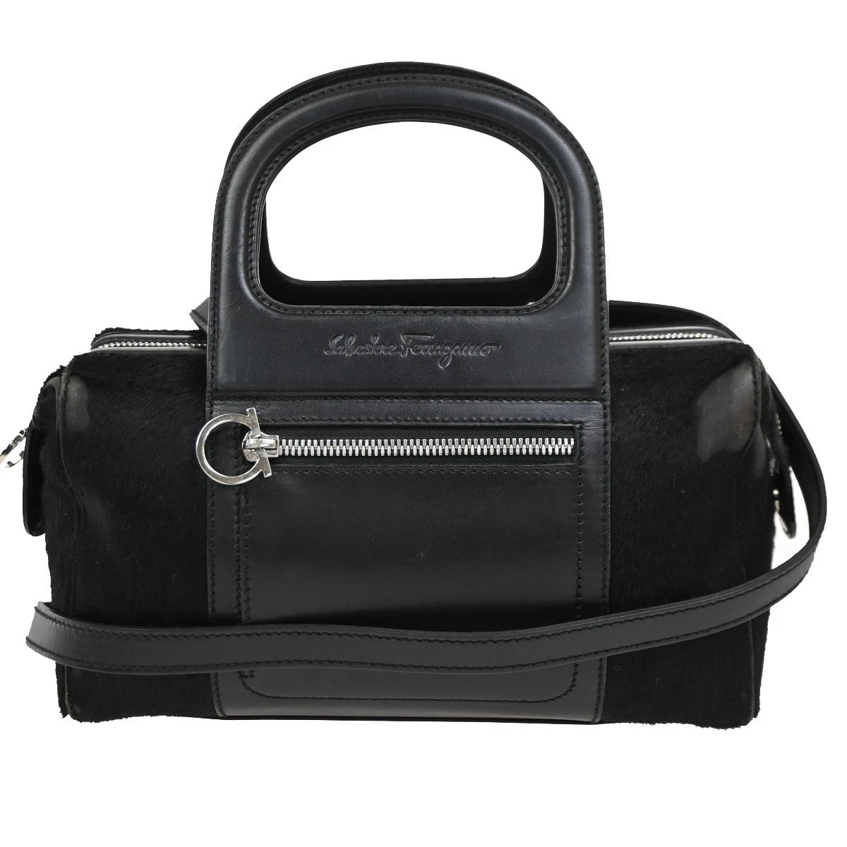 SALVATORE FERRAGAMO Gancini 2Way Shoulder Handbag Fur Leather Black 05DA245 | eBay US