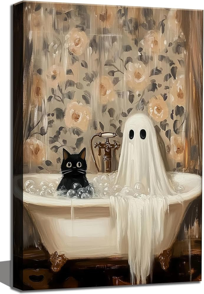 Halloween Ghost Bathroom Canvas Wall Art Decor, Funny Ghost and Cute Black Cat in Bathtub Bathroo... | Amazon (US)