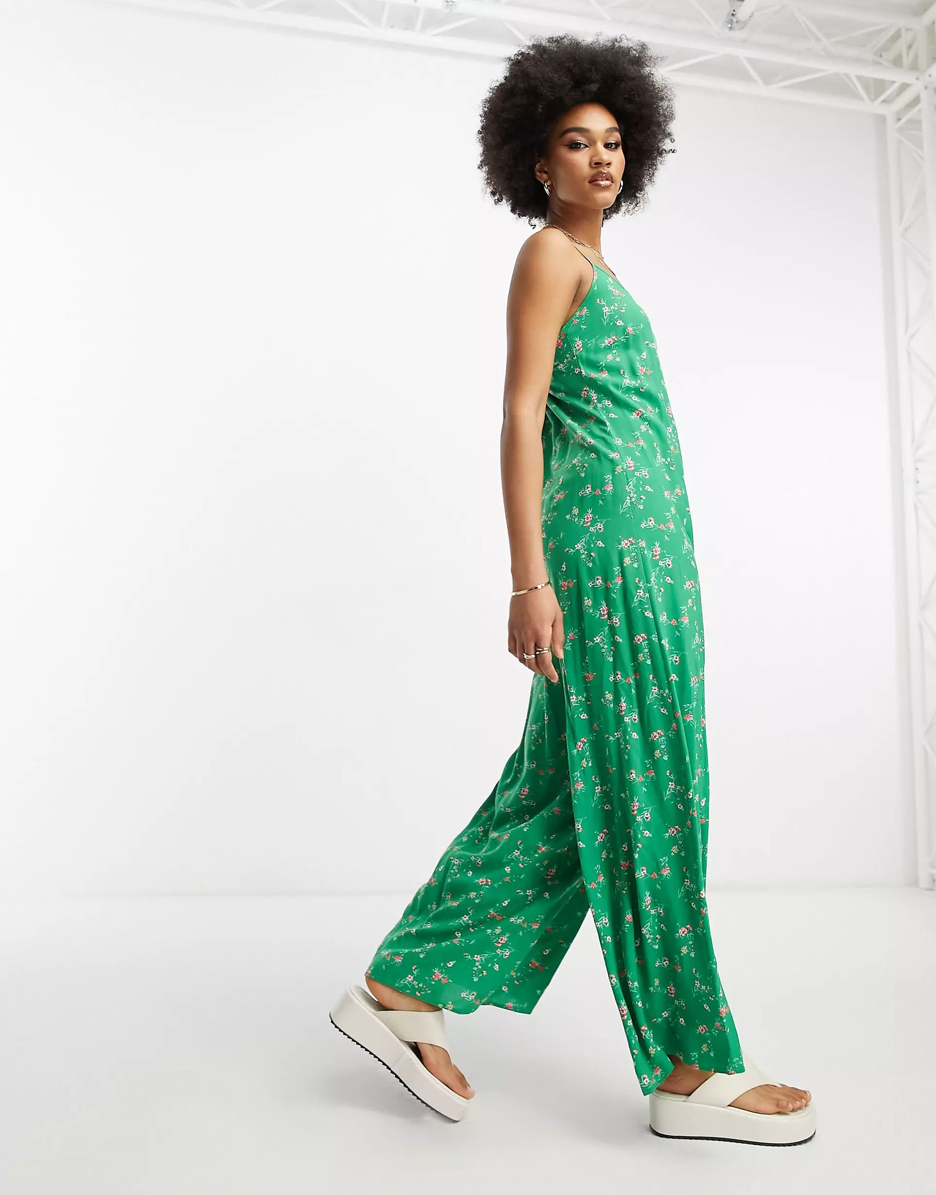 ASOS DESIGN Tall strappy culotte jumpsuit in green floral print | ASOS (Global)
