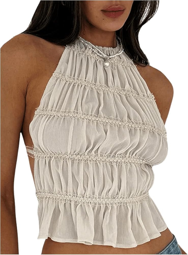 Floerns Women's Sleeveless Shirts Halter Backless Pleated Ruffle Hem Cute Cami Top | Amazon (US)