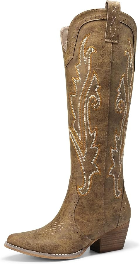 DREAM PAIRS Women's Embroidered Western Pull-On Knee-High Cowboy Boots | Amazon (US)