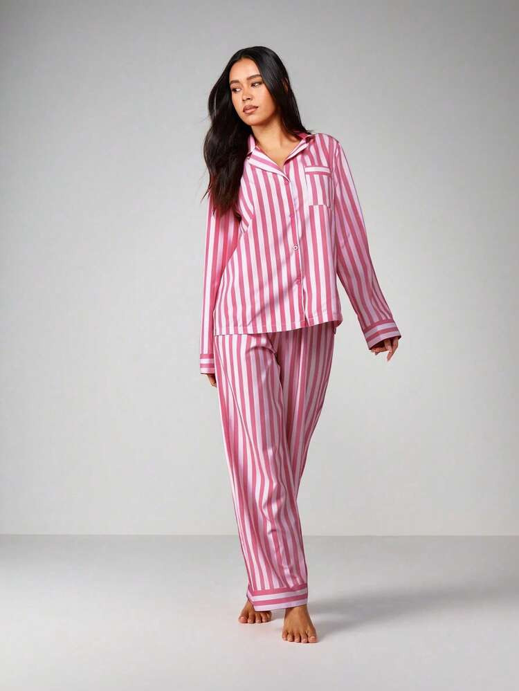 MISSGUIDED Women Striped Satin Lounge Pajama Set Long Sleeve Button Down Top With Matching Wide Leg Pants Sleepwear Set | SHEIN