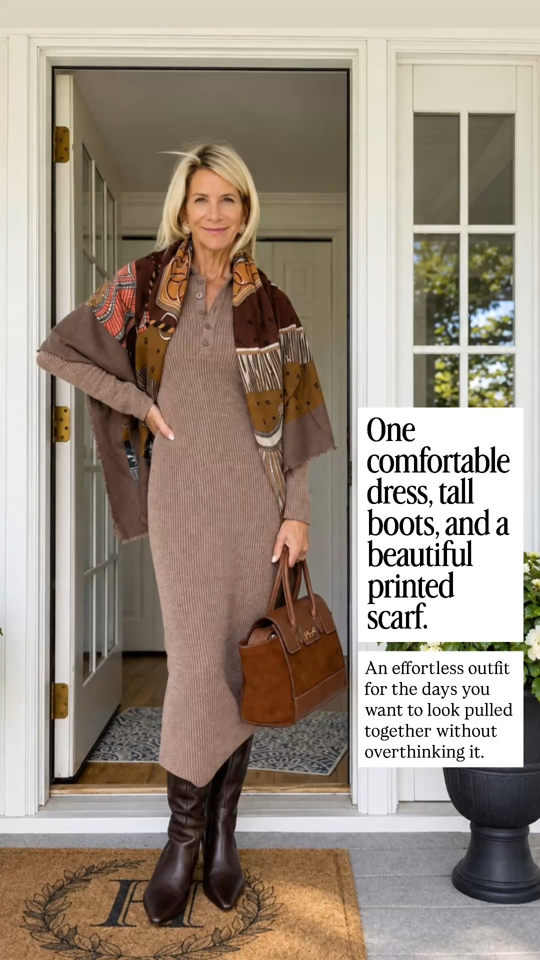 A ribbed sweater dress, tall chocolate-brown boots, and a gorgeous printed scarf, fall dressing doesn’t get much easier! 

I love how the warm neutrals and rich brown accessories create a polished look that’s perfect for lunch, shopping, or a casual fall gathering.

👩‍💻 LTK PRO TIPS
❤️ Heart = Support my posts ;-)
🔖 Save = Get sale & restock alerts for the things you love!
📋 Lists = Keep favorites organized (List ideas: Christmas, Birthdays, and Vacations!)
📲 Share = Send lists and products to a friend (or your daughters like me).
💬 Comment = Ask me anything, and I’ll answer. ;-)
