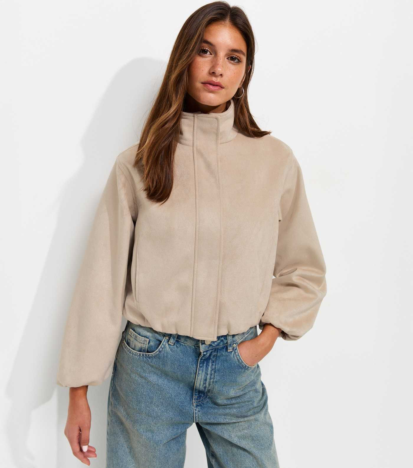Stone Faux Suede Bubble Hem Jacket | New Look | New Look (UK)