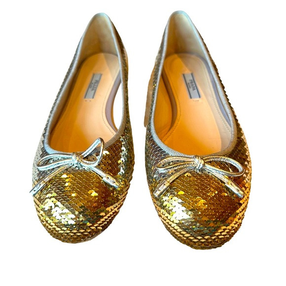 PRADA gold sequin flats, size 38 EU, VGC | Poshmark